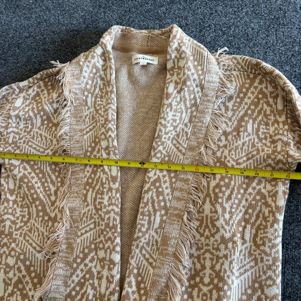 Lucky Brand Womens Medium Tan White Aztec Geometric Fringe Open Front Cardigan - Picture 3 of 8